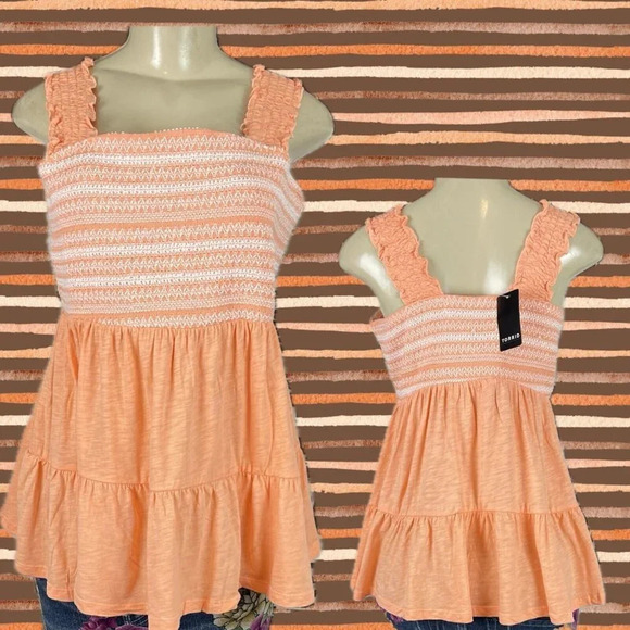 Torrid Tops - Torrid 0-L Peach Woven Smocked Detail Square Neckline Babydoll Sleeveless Top